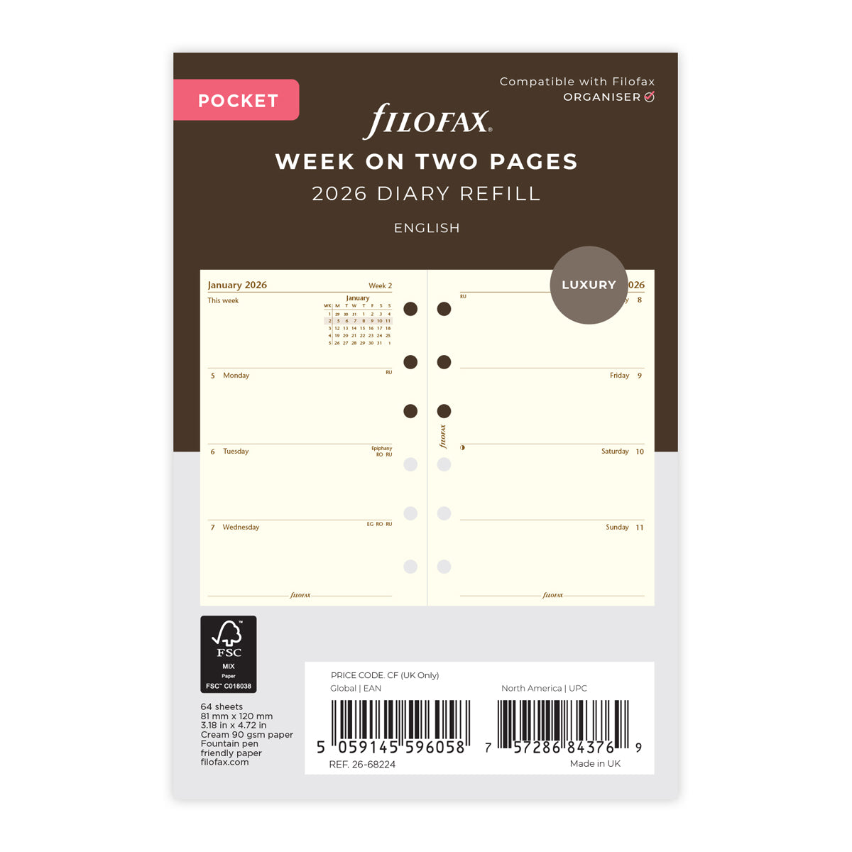 Filofax Refill Luxury Week To View Pocket 2026