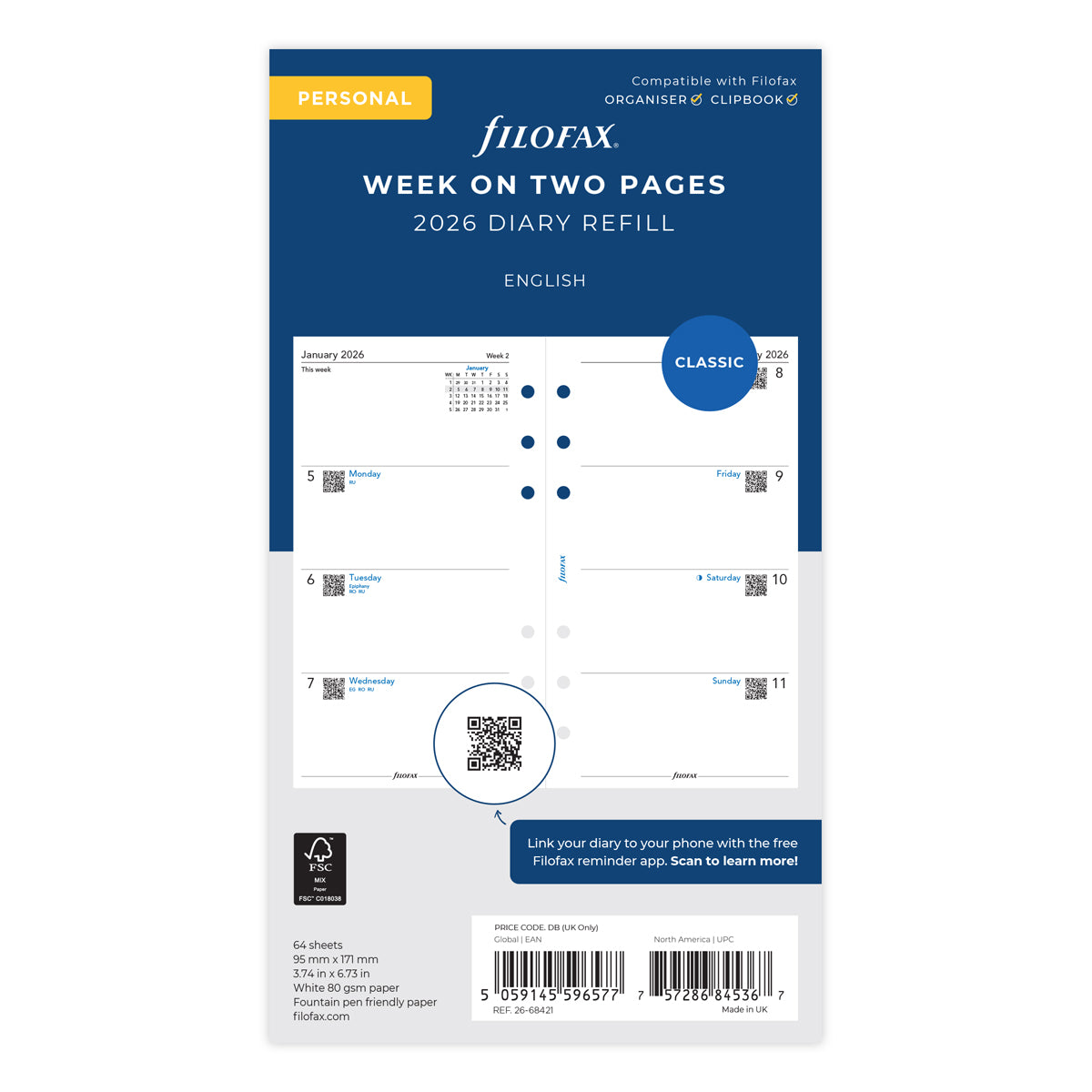 Filofax Refill Classic Week To View Personal 2026