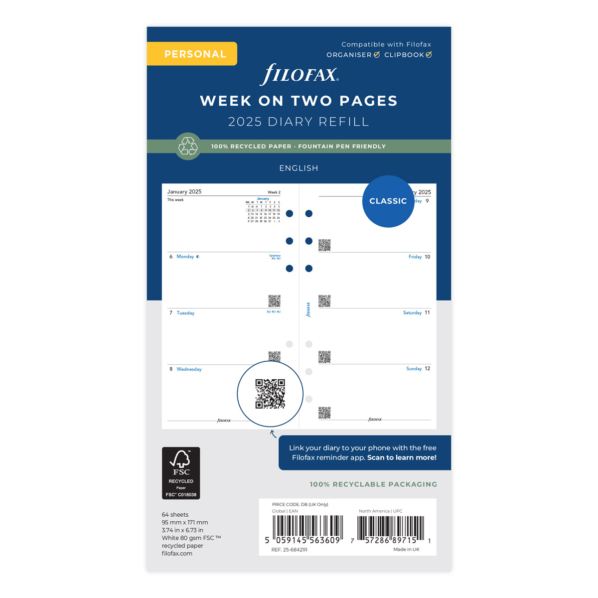 Filofax Refill Classic Recycled Week to View Diary Personal 2026
