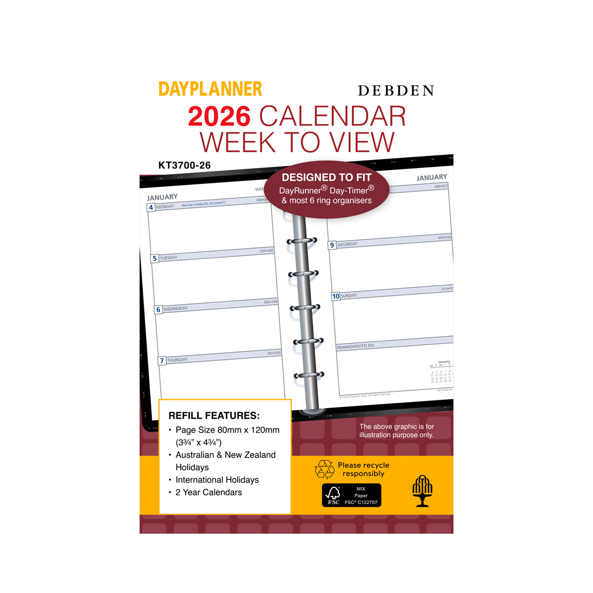 Debden Dayplanner Pocket Week to View Refill 2026