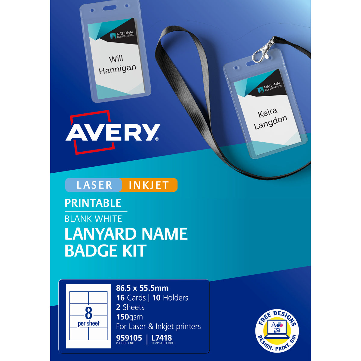 Avery Lanyard Name Badge Kit L7418 86.5x55.5mm 8up 10 Sheets