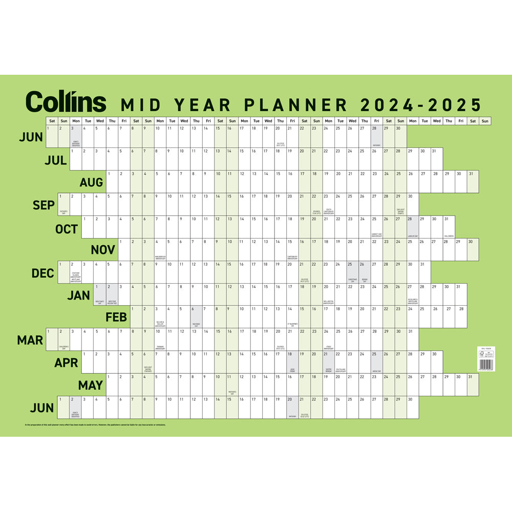Collins Wall Planner Mid Year Large 2026/2027. Sold per 5s