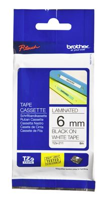 Brother TZe-211 6mm x 8m Black on White Tape