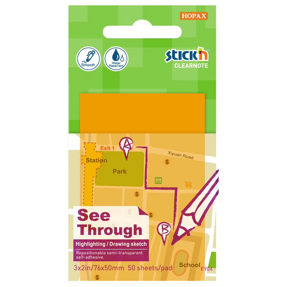 Stick'n Clearnotes Transparent 76x51mm 50 Sheets Orange