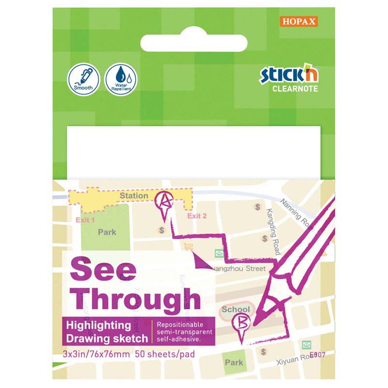 Stick'n Clearnotes Transparent 76x76mm 50 Sheets White