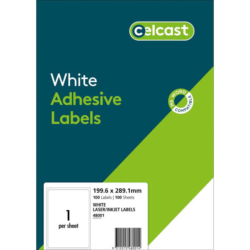 Celcast Labels A4 199.6 X 289.1mm 1up 100 Sheets