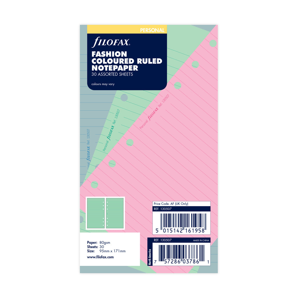Filofax Organiser Refill Personal Notepaper Ruled Assorted Colours