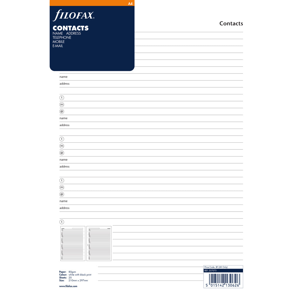 Filofax Organiser Refill Contacts A4 White