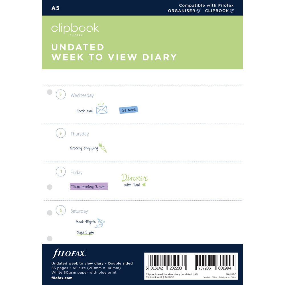 Filofax Clipbook Refill Personal Week To View Diary Undated