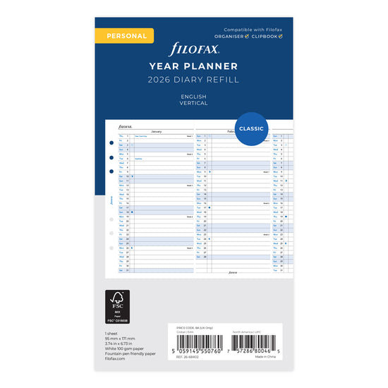 Filofax Refill Classic Year Planner Vertical Personal 2026