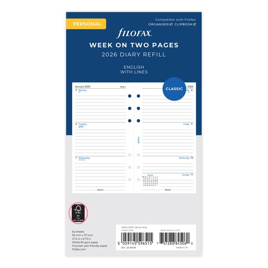 Filofax Refill Classic Week To View Ruled Personal 2026