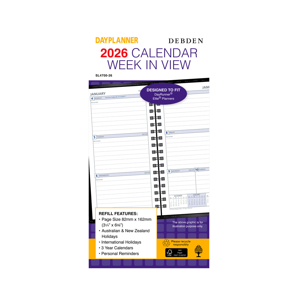 Debden Dayplanner Slim Week to View Refill 2026