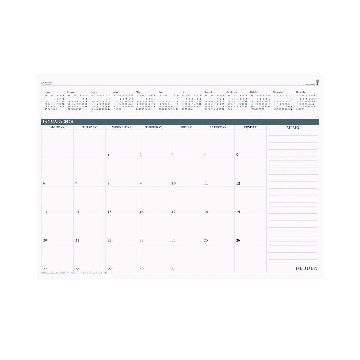Debden Desktop Planner 382x540 Month to View Refill 2026