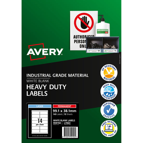 Avery Heavy Duty ID Label L7063 White Laser 99.1x38.1mm 14up 10 Sheets