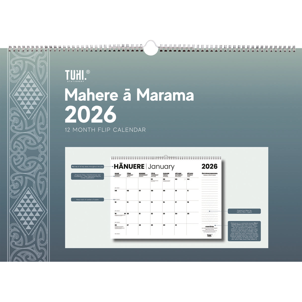 Tuhi Calendar One Month to View Maori A2 2026