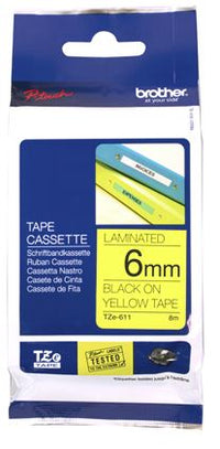 Brother TZe-611 6mm x 8m Black on Yellow Tape