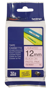 Brother TZe-MQE31 12mm x 4m Black on Pastel Pink Tape