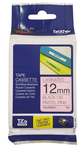 Brother TZe-MQE31 12mm x 4m Black on Pastel Pink Tape