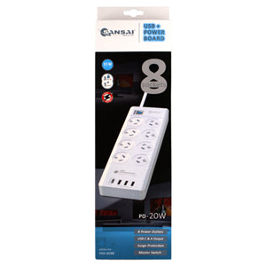 Sansai 8 Way Surge Powerboard with 3x USB, 1x USB-C Charging Ports