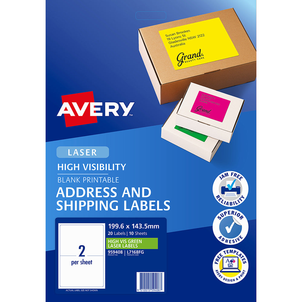 Avery Shipping Label L7168FG Fl Green Laser 199.6x143.5mm 2up 10 Sheets