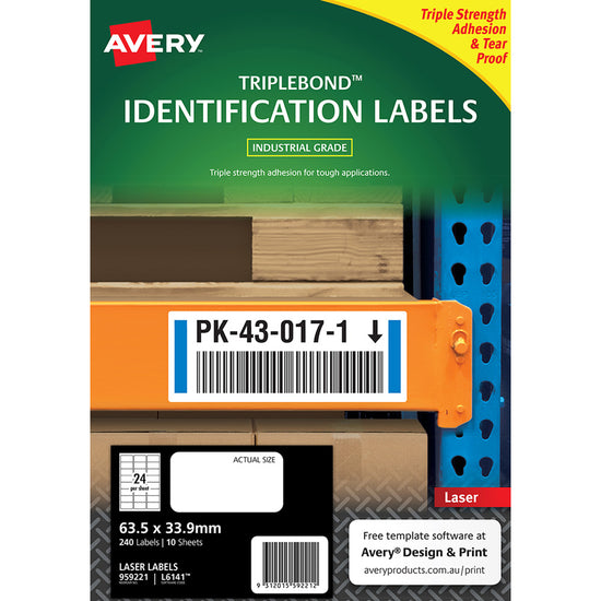 Avery Triplebond Label L6141 White Laser 63.5x33.9mm 24up 10 Sheets