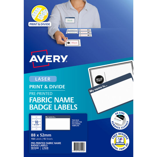 Avery 'My Name Is' Fabric Print & Divide Name Badges Laser 88x52mm 150 Labels L7428
