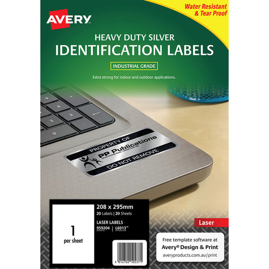 Avery Heavy Duty ID Label L6013 Silver Laser 208x295mm 1up 20 Sheets