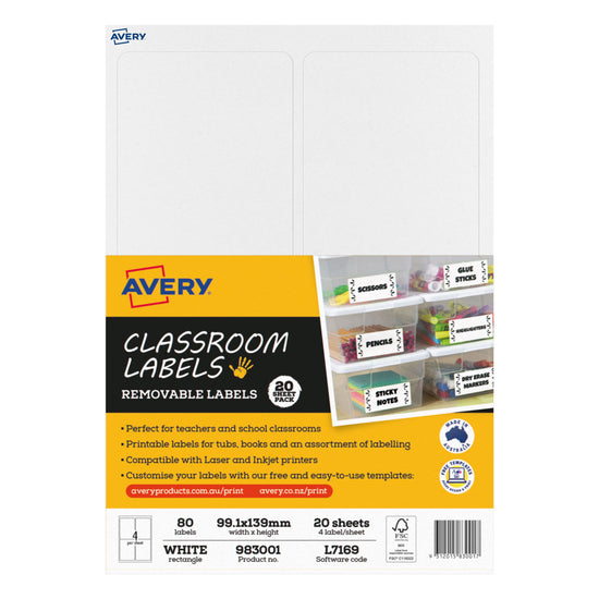 Avery Classroom Labels 4up 20 Sheets L7169
