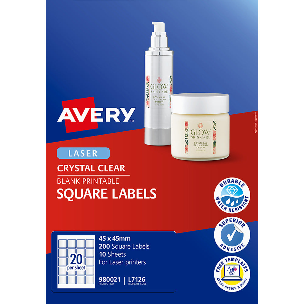 Avery Label L7126 Square Crystal Clear 20up 10 Sheets 45x45mm