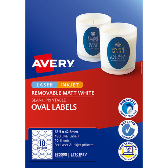 Avery Label L7101REV Oval White 18up 10 Sheets 63x42mm