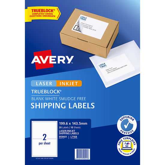 Avery Label L7168 Trueblock Shipping Label 199.6x143.5mm 2up 10 Sheets