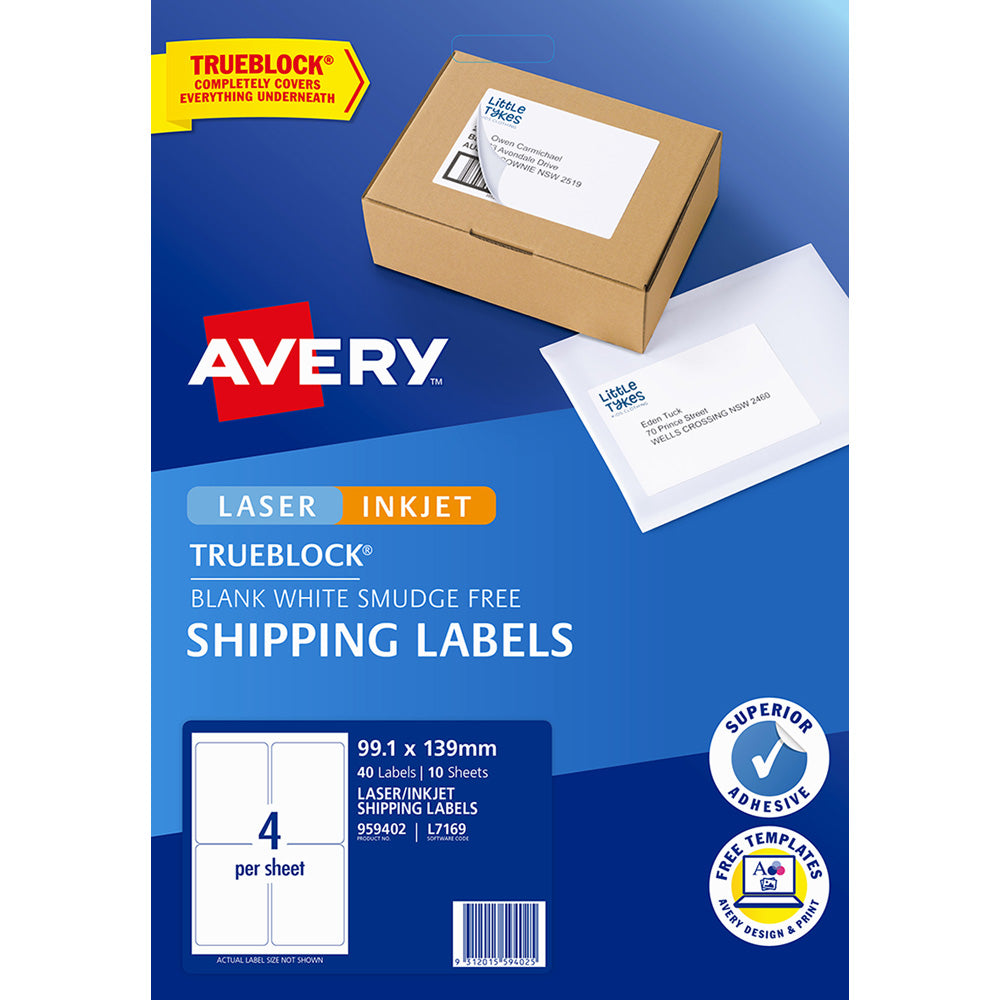Avery Label L7169 Trueblock Shipping Label 99.1x139mm 4up 10 Sheets