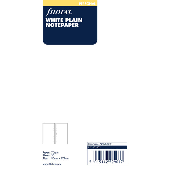 Filofax Organiser Refill Personal Notepaper Plain White