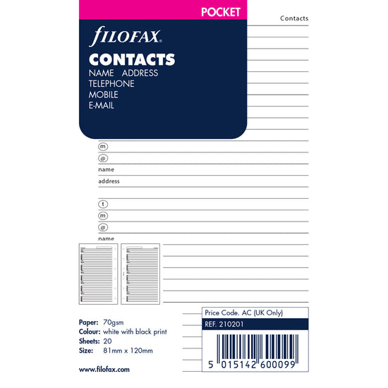 Filofax Organiser Refill Pocket Contacts White