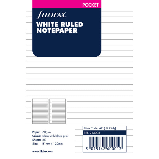 Filofax Organiser Refill Pocket Notepaper Ruled White