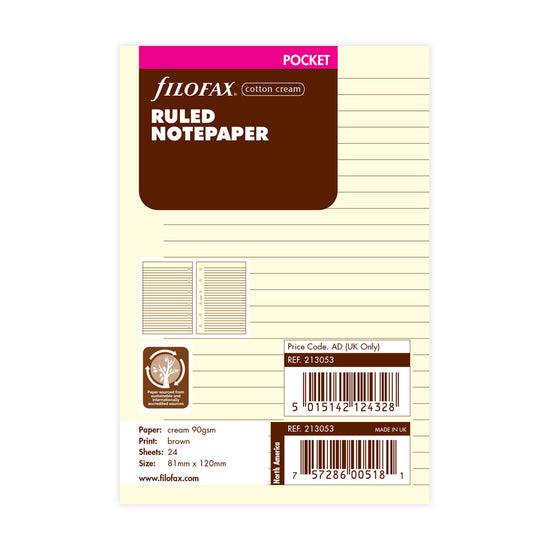 Filofax Organiser Refill Pocket Notepaper Ruled Cotton Cream