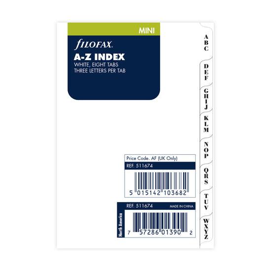 Filofax Organiser Refill Mini Index A-Z (3) Letters/Tab White