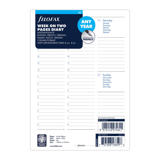 Filofax Organiser Refill A5 Week To View Any Year
